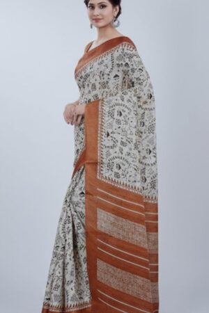 Warli Print Bamboo Khadi Saree with Blouse - Eco-Friendly Traditional Cotton Saree for Women