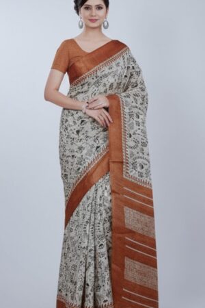 Warli Print Bamboo Khadi Saree with Blouse - Eco-Friendly Traditional Cotton Saree for Women