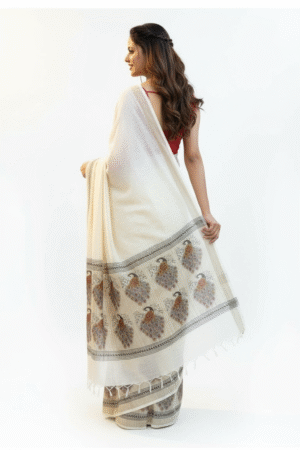 Luxe Ivory Saree with peacock design - Exclusive Hand Block Print | Peacock Khadi Handloom Saree