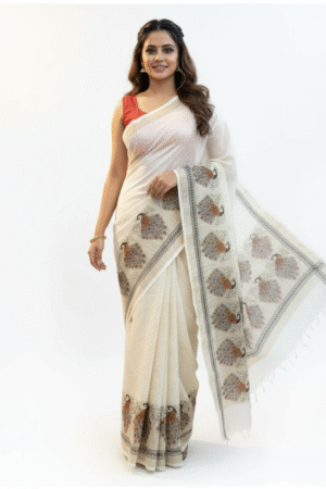 Luxe Ivory Saree with peacock design - Exclusive Hand Block Print | Peacock Khadi Handloom Saree