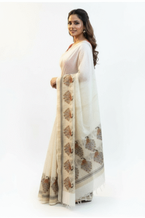 Luxe Ivory Saree with peacock design - Exclusive Hand Block Print | Peacock Khadi Handloom Saree