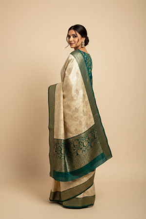 Khajuraho bamboo saree: Exquisite Off-White Bamboo Handloom Saree with Royal Peacock Borders