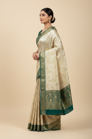 Khajuraho bamboo saree: Exquisite Off-White Bamboo Handloom Saree with Royal Peacock Borders