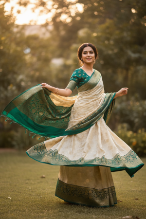 Khajuraho bamboo saree: Exquisite Off-White Bamboo Handloom Saree with Royal Peacock Borders
