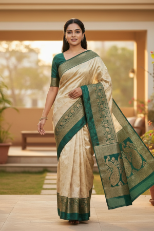 Khajuraho bamboo saree: Exquisite Off-White Bamboo Handloom Saree with Royal Peacock Borders